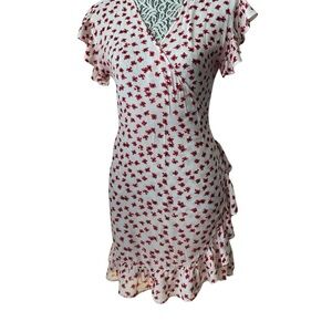 Billabong White and Red Floral Wrap Dress - Elegant Ruffle Sleeve Dress Sz M